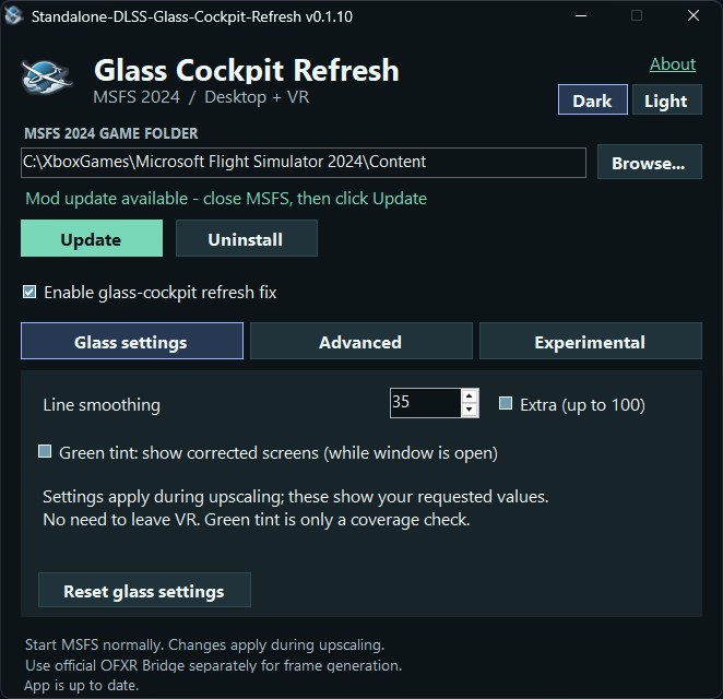 Glass Cockpit Refresh control window with installation status and line-smoothing settings