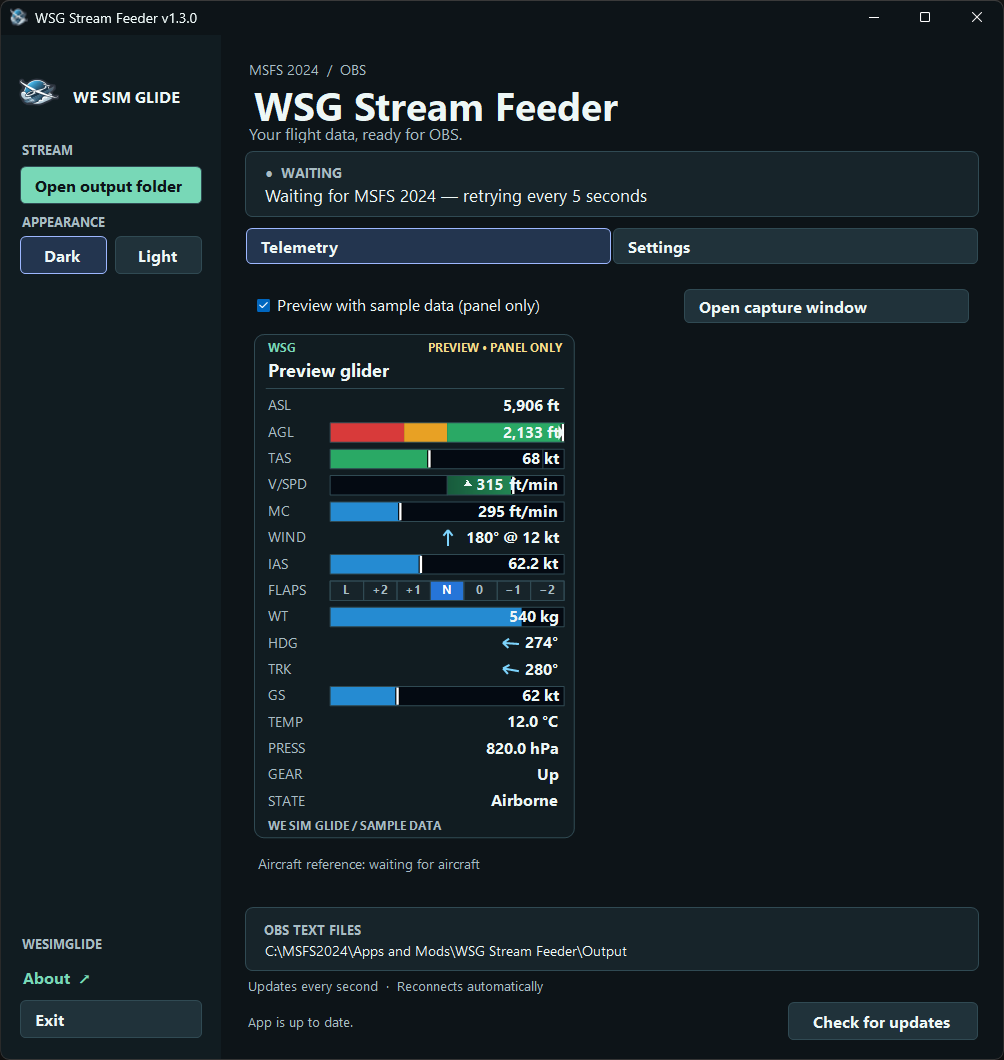 WSG Stream Feeder v1.3.0 showing sample glider telemetry, gauges and direction arrows